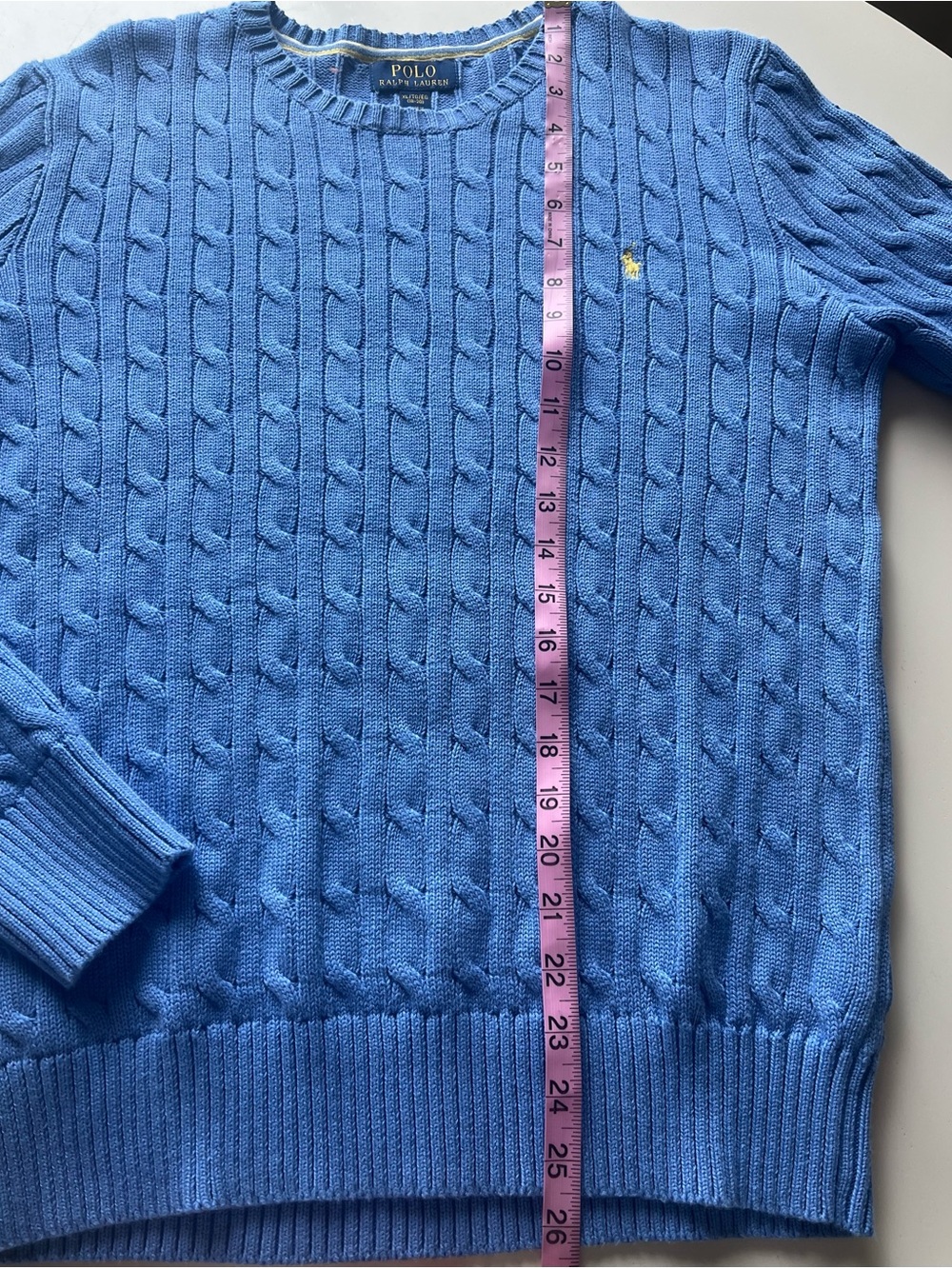 Polo Ralph Lauren Blue Cableknit Sweater Yellow Pony Boys 18-20 or Women S/M 40” - Picture 7 of 8